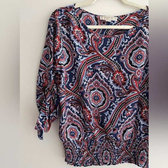 Michael Kors Multicolor Paisley Roll Tab Sleeve Smocked Blouse, Size Large - Picture 3 of 16